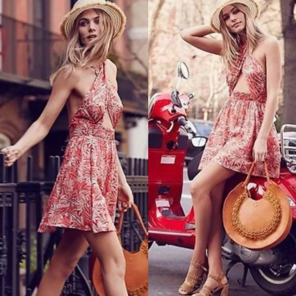 Free People Size S Orange Flower Floral Libby Convertible Halter Mini Dress